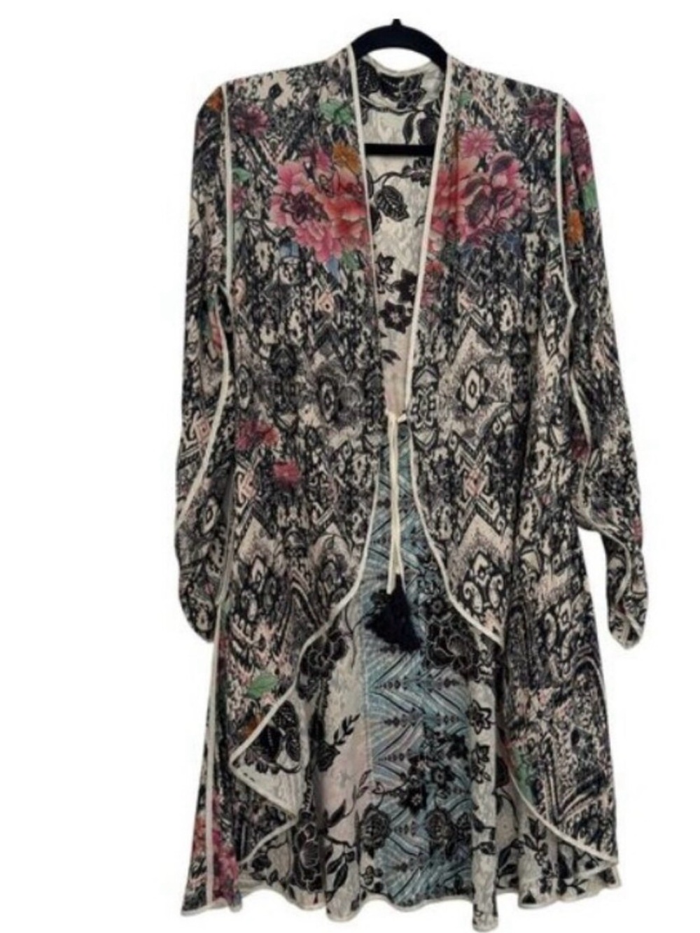 Johnny Was Black & Cream Floral Maxi Duster with Pink Accents